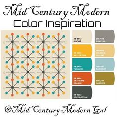 the mid century modern color inspirationtion is featured in this image, with different colors and patterns