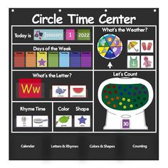 the circle time center poster is shown with different colors and shapes, including numbers, letters, and shapes