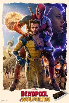 the movie poster for deadpool and wolverine is shown in front of an image of two people