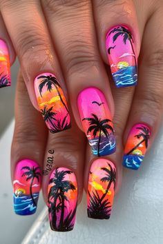 Tropical Acrylic Nails Summer, Mexico Trip Nails, Hawaiian Themed Nails, Hawaiian Nails Designs, Hawaii Inspired Nails, Fibermyalgia Symptoms, Galaxy Cupcakes, Sns Nails Designs