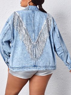 Plus Size Casual Sequin Fringe Decoration Flap Pocket Denim Jacket Light Wash Casual  Wrist-Length Sleeve Denim Plain Other Non-Stretch  Women Plus Clothing, size features are:Bust: ,Length: ,Sleeve Length: Fall Streetwear, Fitted Denim Jacket, Long Sleeve Denim Jacket, Denim Outfits, Trendy Jeans, Blue Tassel, Sequin Jacket, Blue Denim Jacket, Denim Coat Jacket