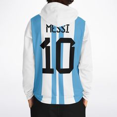 Sports fans will love this Messi Hoodie, based on the iconic Argentina Soccer Jersey N. 10. It's a stylish way to show your support for one of the greatest soccer players of all time. This fashionable hoodie offers a comfortable fit with long-lasting durability for everyday wear. • 20% cotton, 75% polyester, 5% spandex• Unisex fit• Soft cotton hand-feel fabric surface• Brushed fleece fabric on the inside• High definition printing colours• Double layer hood• Kangaroo pocket Shipping from China (a