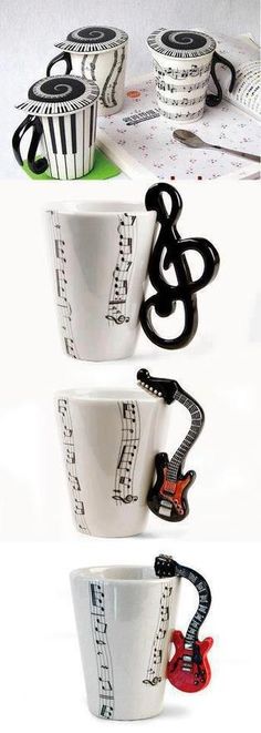 three coffee mugs with musical notes on them