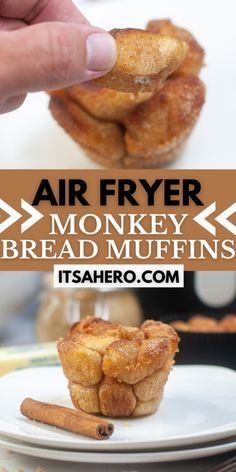 an air fryer monkey bread muffins recipe on a plate with cinnamon sticks