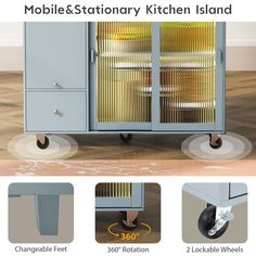 the mobile kitchen island is shown with three different sections on wheels and features an open door