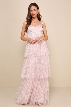 Floral Tie-Strap Dress - Bustier Maxi Dress - Tiered Maxi Dress - Lulus Floral Bridesmaid Dresses, Pink Floral Maxi Dress, Banquet Dresses, Bustier Dress, Pink Floral Dress, Tiered Maxi Dress, Lulu Dresses, Groom Dress