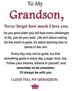 a poem written in red and white with the words to my grandson