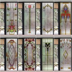 several stained glass windows with different designs