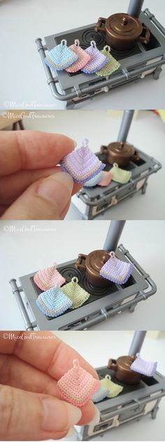 three pictures show the process of making crocheted baby clothes on an iphone case