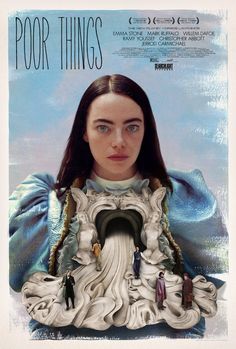 the poster for poor things features a woman with long hair and blue eyes