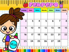 a calendar with a girl holding a crayon and pencils in front of it