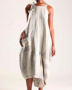 US$ 30.89 - Casual Linen Stripe Women Pocket Dress - m.narachic.com Linen Casual Dress, Edible Slime, Linen Casual, Linen Style