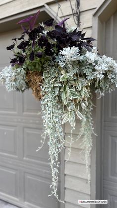 an arrangement of flowers hanging from the side of a garage door