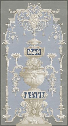 an ornately decorated wall with blue and white paint on the walls, in front of a gray background