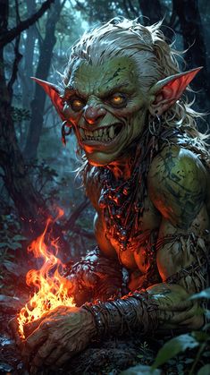 a troll sitting in the woods next to a fire