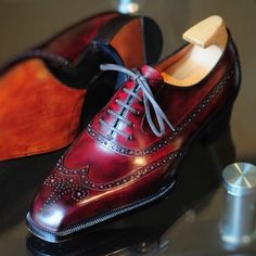 Handmade Red Oxford Patina Leather Wingtip Dress Shoes on Storenvy Luxury Wingtip Leather Shoes With Red Sole, Gents Shoes, Quality Leather Boots, Custom Design Shoes, Publication Instagram, Italian Leather Shoes, Bespoke Shoes, Handmade Leather Shoes, Suit Shoes