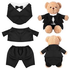 PRICES MAY VARY. Cute Bear Outfits: you will receive a set of bear clothes, including a shirt with a vest, a tuxedo and a dress pants, which features a black and white color scheme, coupled with a lovely bow tie, solemn and elegant, which will make your bear cute and attractive Suitable for 13-15 Inches Stuffed Bear: the bear suit is suitable for 13-15 inches stuffed bear, please determine the size before ordering; Please note that stuffed bears are not included, only clothing is included Comfor Stuffed Animal Clothes, Diy Build A Bear Clothes, Clothes For Teddy Bears, Build A Bear Matching Outfits, Making Teddy Bear Clothes, Baby Clothes Bear Pattern, Bear Costume, Engagement Ceremony, Bear Outfits