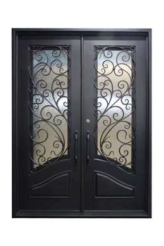 an iron door with glass panels and wrought designs on the side panel, in black