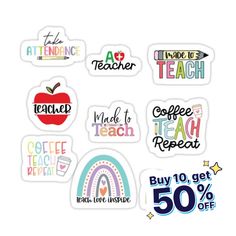 various stickers with different words and symbols on the back of each one, including an apple