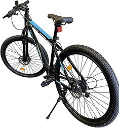 a black and blue bike is shown against a white background