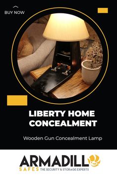 a lamp that is sitting on top of a table with the words liberty home concealment