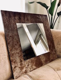 a mirror sitting on top of a couch next to a plant