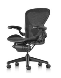 the aeron chair is shown in black and has wheels on each side, with an extended