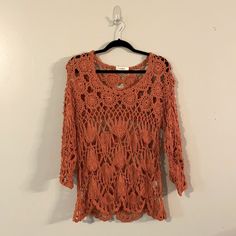 Rust Colored Open-Weave Crochet Top From Umgee. Never Worn So Condition Is Like New. The Top Is A Large But Runs On The Small Side. Bohemian Lace Crochet Top For Fall, Spring Bohemian Stretch Crochet Top, Bohemian Stretch Crochet Top For Spring, Bohemian Spring Crochet Top, Bohemian Crochet Top With Pointelle Knit, Spring Bohemian Crochet Top With Pointelle Knit, Bohemian Spring Pointelle Knit Crochet Top, Fall Lace Crochet Top With Crochet Trim, Fall Crochet Lace Top With Crochet Trim