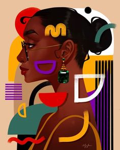 an abstract painting of a woman's face with large earrings on her head and geometric shapes in the background