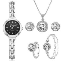 Luxury 6PCS Wristwatche Set Women Rose Gold Quartz Watch Jewelry - Genuine - Gemstone Fitness Jewelry, Crystal Dress, Rhinestone Watches, Watch Set, Set Bracelet, Rose Gold Quartz, Luxury Diamonds, Diamond Quartz, Earrings Rings