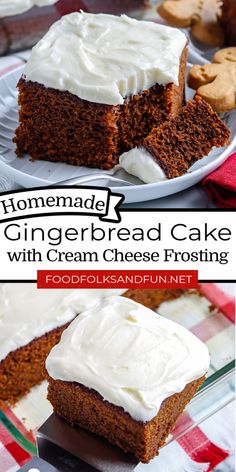 homemade gingerbread cake with cream cheese frosting on a white plate and red checkered tablecloth