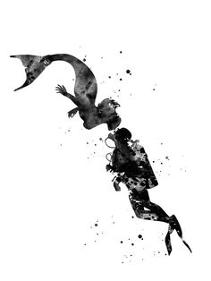 a black and white photo of a person diving