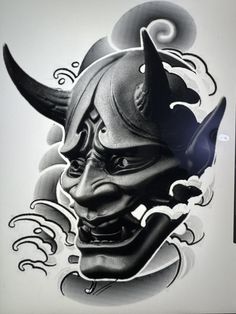 a black and white drawing of a demon with horns on it's head is shown