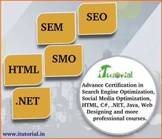 an orange and white flyer with words that say sem, smo, search engine optimi