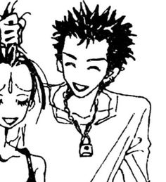 an ink drawing of two people with one holding up the other's hair and smiling