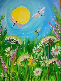 a painting of flowers and dragonflies flying in the sky