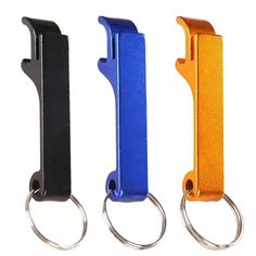 three different colored metal key chains with rings on each side and one has a hook in the middle