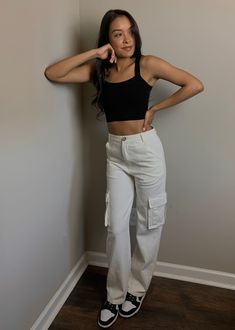 Ivory Straight Leg Cargo PantsSide PocketsAlso Pictured: Isabella Black Cropped Tank100% CottonModel Is 5'4 and Wears Size Small Black Crop, Cargo Pants, Straight Leg, Size Small, Pants, How To Wear, Black, Trousers