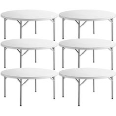 six white plastic tables sitting next to each other