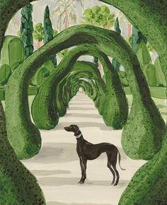 a painting of a black dog standing in the middle of a road lined with trees