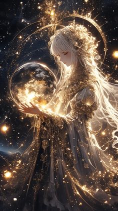 a woman with long hair holding a crystal ball in her hands and surrounded by stars