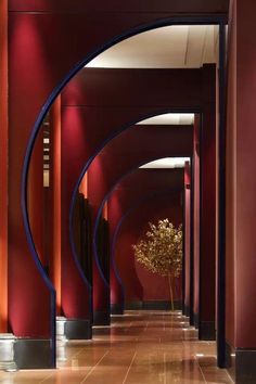 the hallway is lined with red walls and black columns, along with a plant in a vase