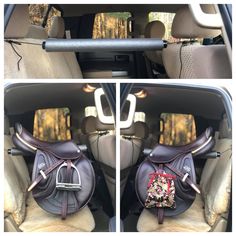 two pictures of the inside of a car, one with a purse on it's back seat