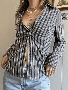 Striped Long Sleeve Button Blouse - AnotherChill 90s Inspired Fashion, Outfits Con Camisa, Tshirts Women, Classic Gray, Button Blouse, Vintage Color, Gray Fabric, 90s Inspired, Turndown Collar