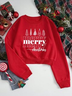 Vermelho Casual Collar Manga Comprida Tecido Natal,Slogan Pulôveres Embellished Elasticidade Baixa Outono / Inverno Christmas Slogans, Family Christmas Outfits, Women Sweatshirts, Winter Sweatshirt, Christmas Print, Matching Family Outfits, Inspiration Mode, Christmas Prints, Long Sleeve Sweatshirts