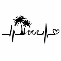 a heartbeat with palm trees and the word love written in black on a white background