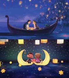 two people in a boat floating on top of the ocean with paper lanterns flying above them