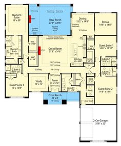 the first floor plan for a house with an indoor swimming pool and two separate garages