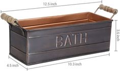 a bath caddy with the measurements for it and its contents in front of it