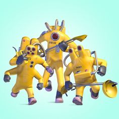 three yellow robots are dancing with each other